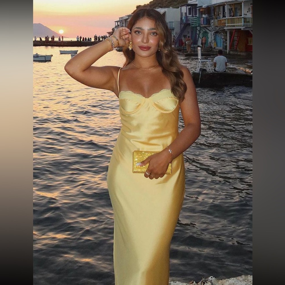 Beginning Boutique Yellow Satin Midi Dress